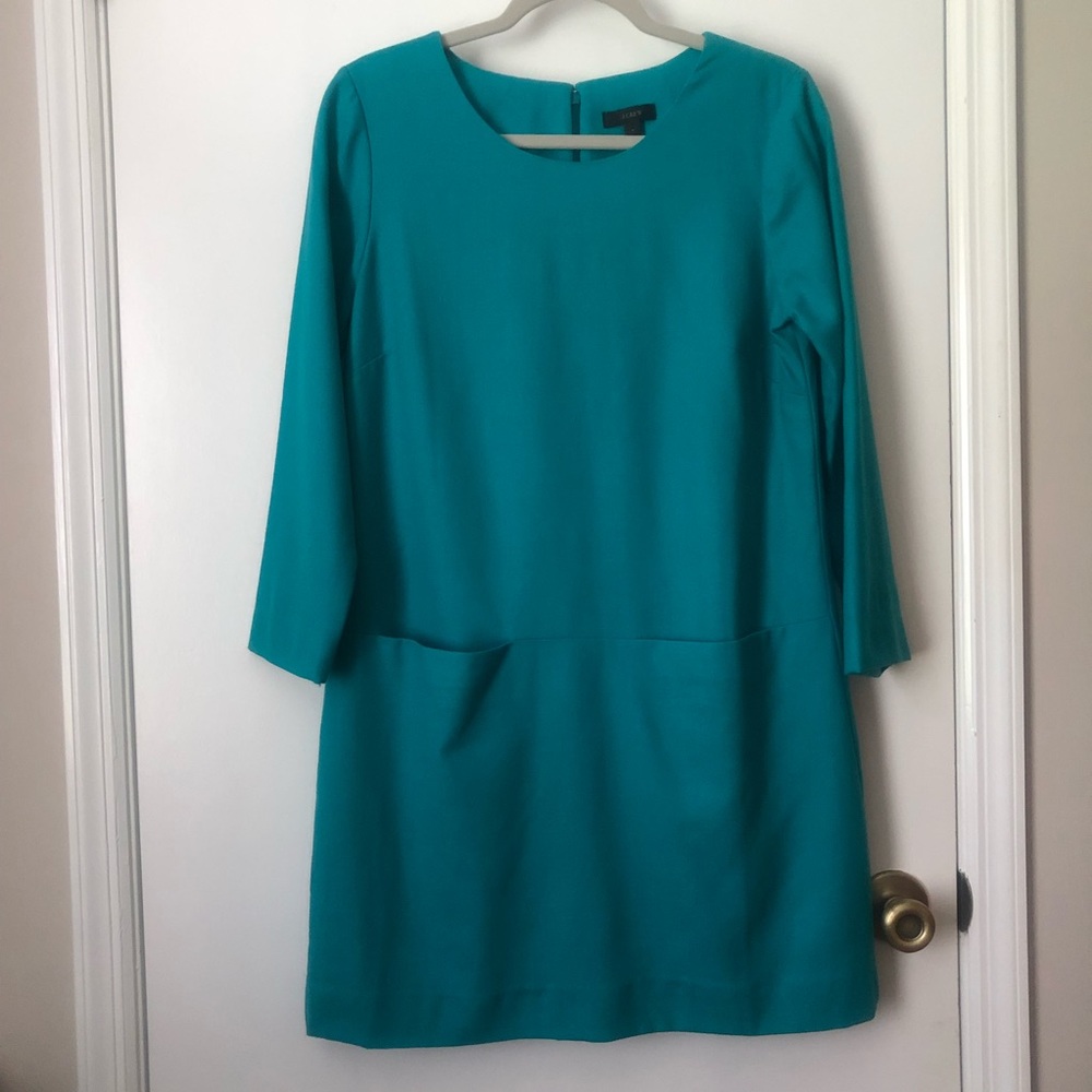J. Crew Jules Dress Wool Blend Teal Shift Front Pockets Long Sleeve Size 8
